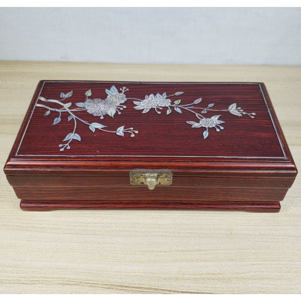 Vtg Royal Quality Korea Rosewood & Brass Mother of Pearl Inlay Flower 14"x7" Box